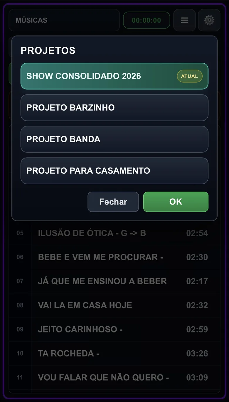 Lista de projetos no aplicativo VS Hook