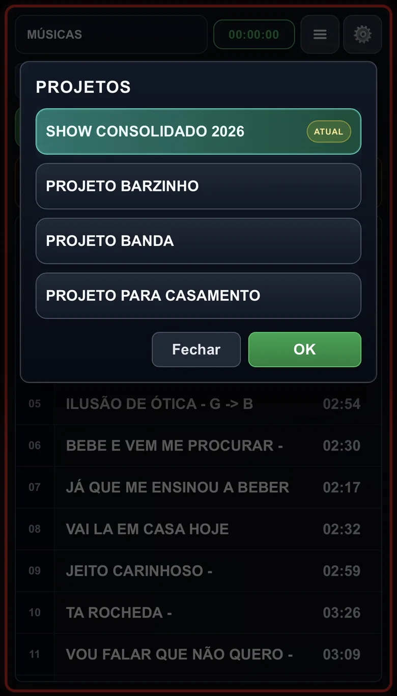 Tela de seleção de projetos do aplicativo VS Hook