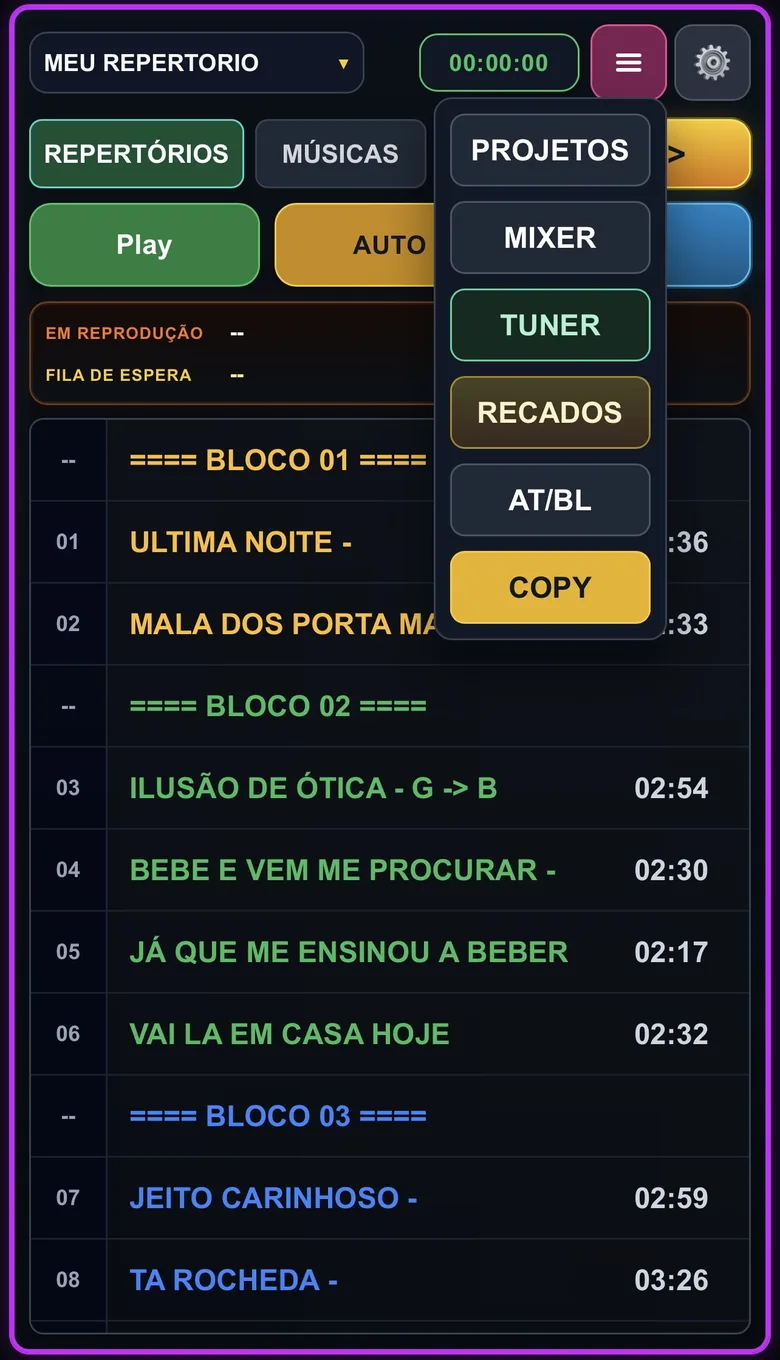 Print real do app VS Hook com repertório e menu