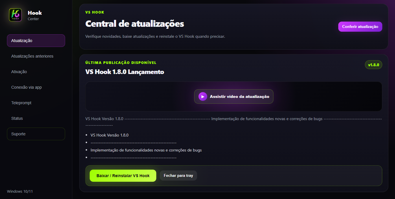 Central de atualizações do Hook Center