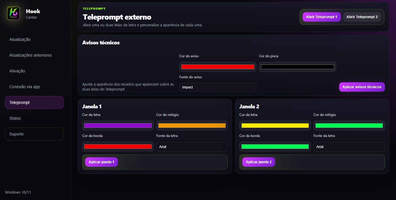 Painel de configuração do teleprompt